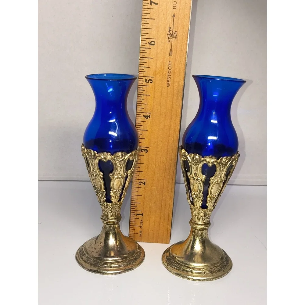 Vintage Cobalt Blue Mini Glass Bud Vase Ornate Metal Stand Set Victorian Style‎